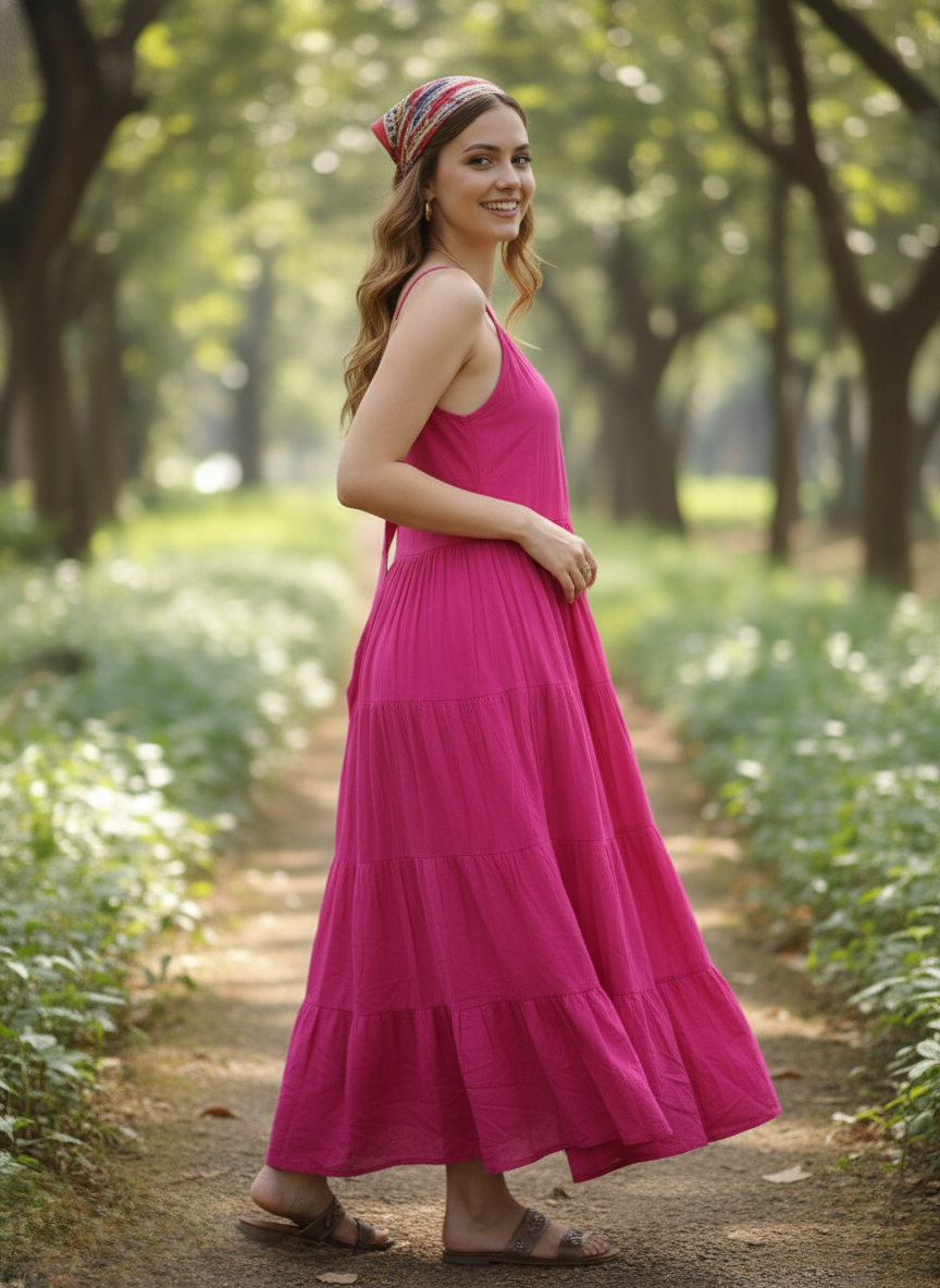 Woman in berry blossom magenta tiered maxi dress, side profile, smiling on pathway