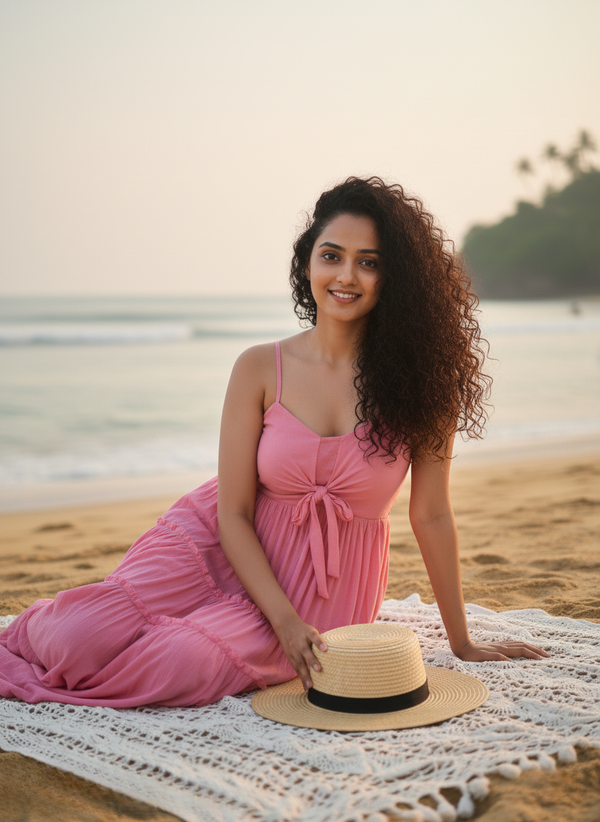 Close-up, classy sitting pose on a cloth, emphasizing the baby pink dress fabric texture and tiered pattern detail. Ideal Goan beach outfit or summer vacation dress.