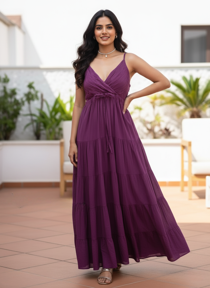 Woman smiling in amethyst tiered maxi dress with criss-cross bodice, front view