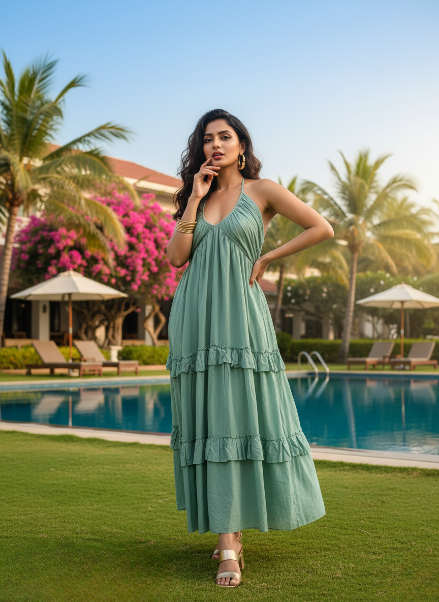 Full length image of a stylish woman in a green halter neck tiered maxi dress, perfect for summer casual or resort wear.