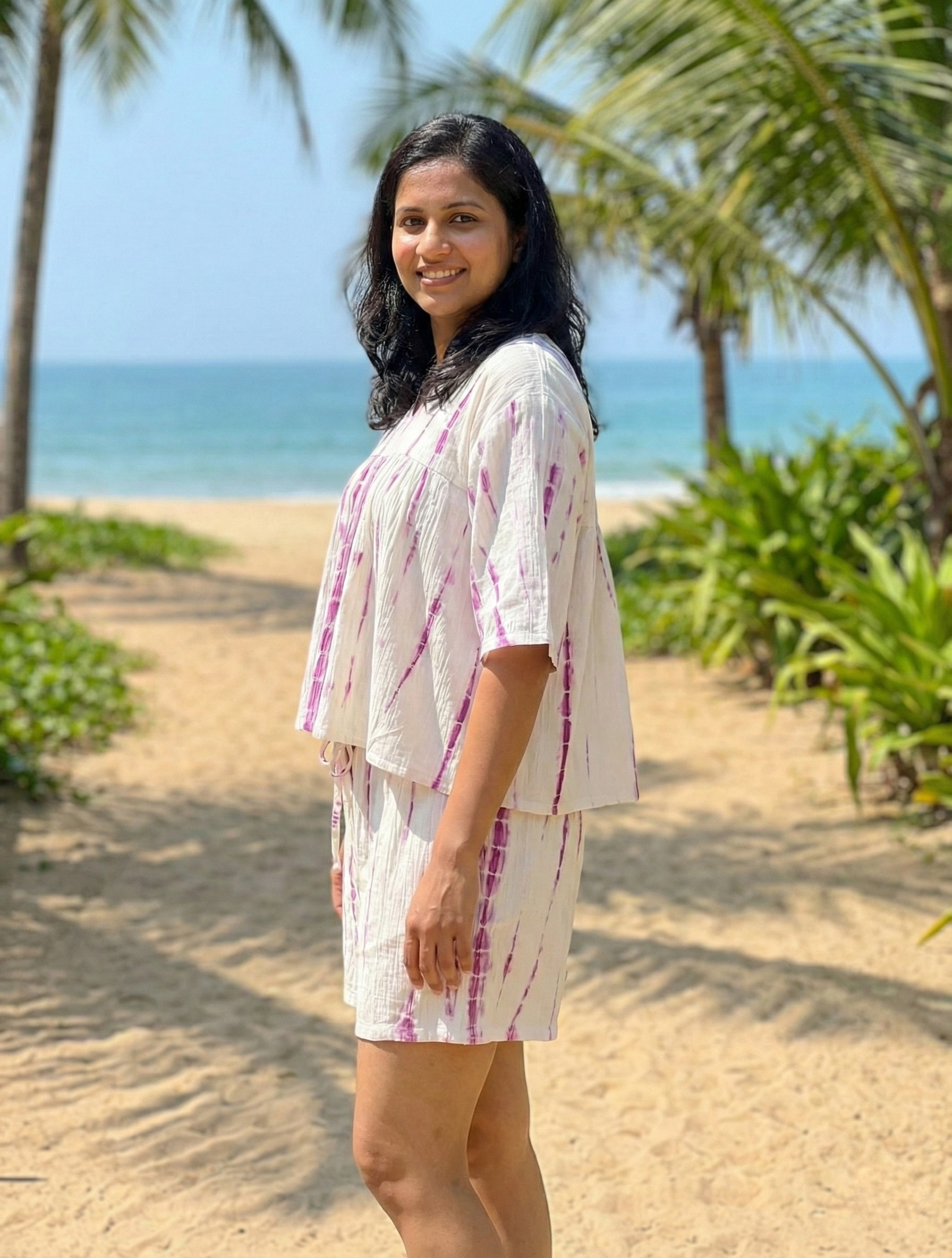 White & Purple Tie-Dye Cotton Co-ord Set | Boho V-Neck Top & Shorts Beachwear