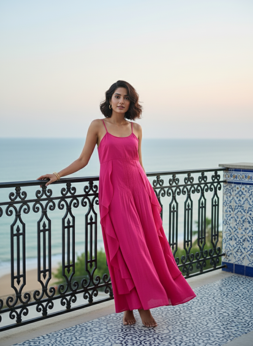 Model in fuchsia cami maxi dress leaning on a balcony railing, holding a cup. Highlights the vibrant hot pink color and ruffle tiers flowing over the skirt, with a sea background.