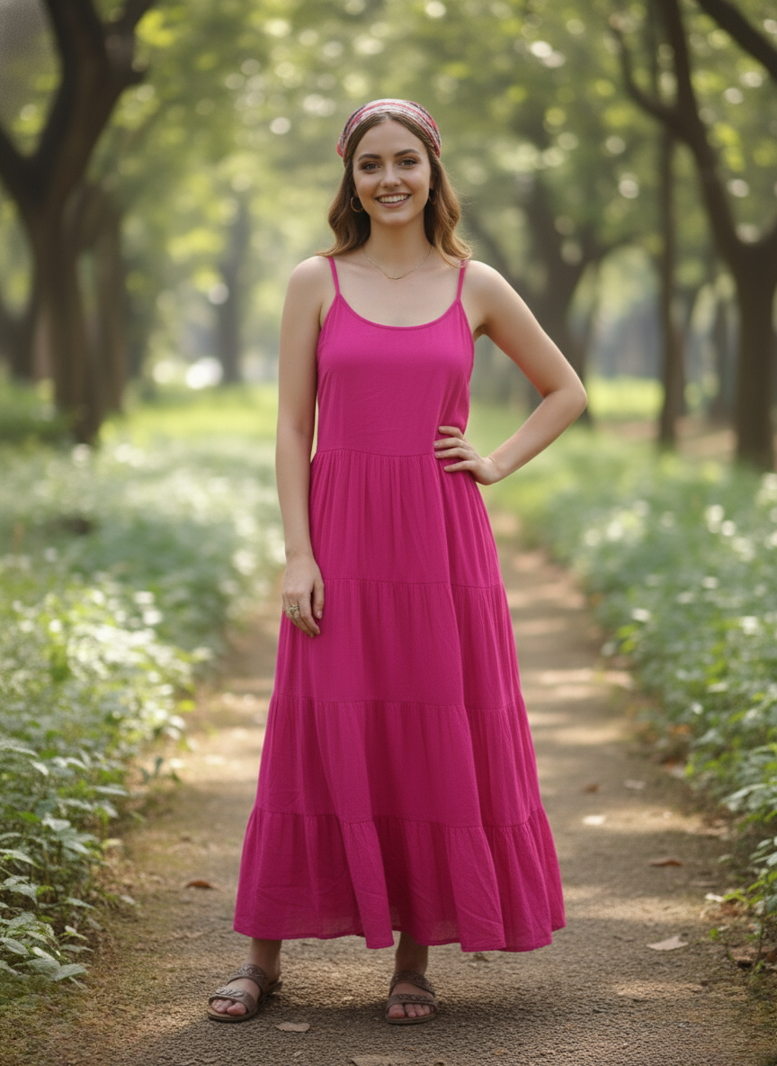 Woman in berry blossom magenta tiered maxi dress, full front view, smiling on pathway
