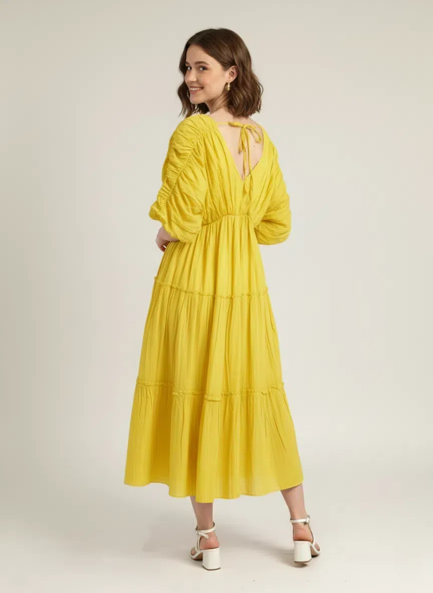 Back view of a woman wearing a luminous lemon yellow pure cotton tiered midi dress with ruched sleeves and a V-back tie detail, looking over her shoulder against a plain white background.
