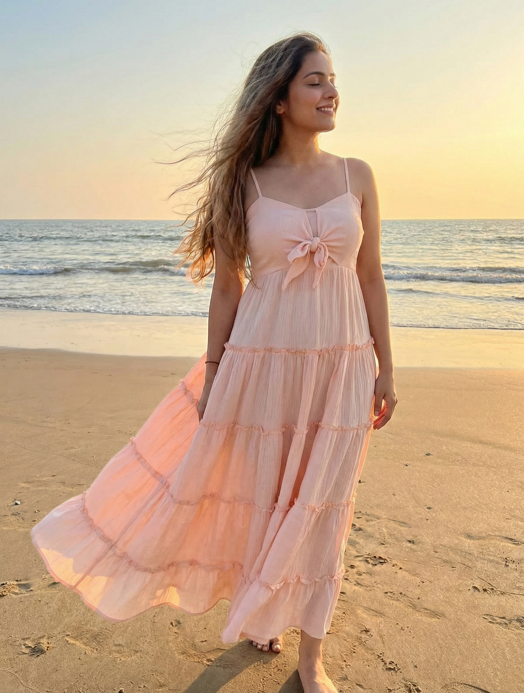 Woman in a pink dress standing on a beach at sunset