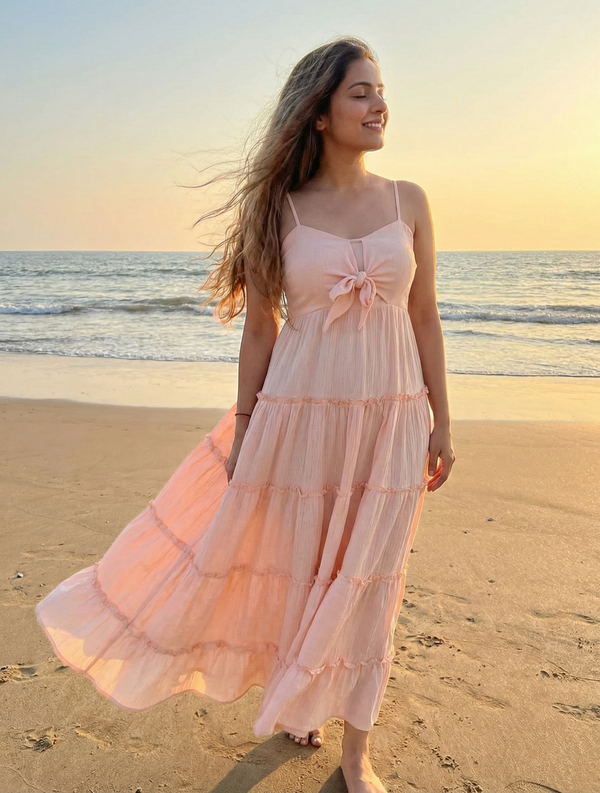 Woman in a pink dress standing on a beach at sunset