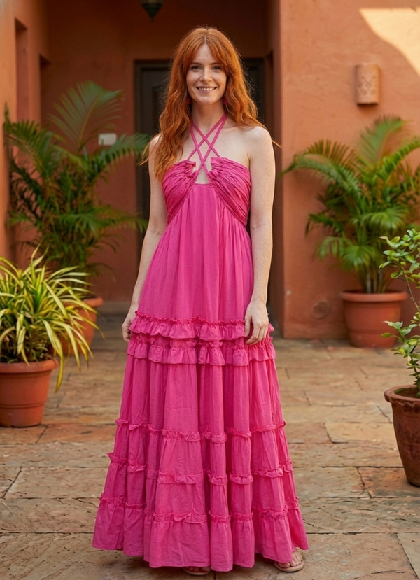Rosé Courtyard Cotton Halter Maxi Dress – Free Size (M–XL)