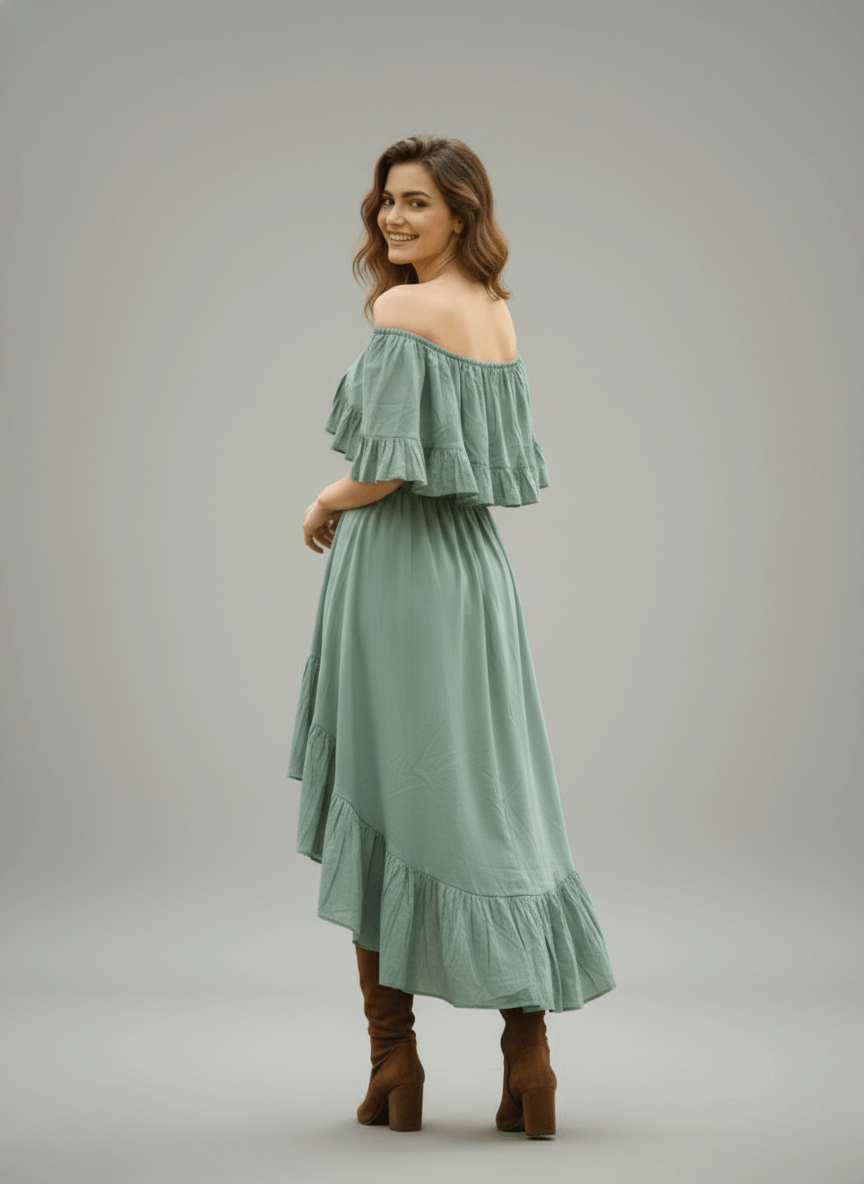 Back view of a sage green bardot dress with a flowy skirt.