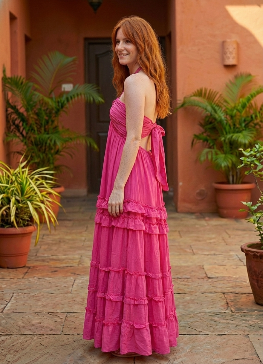 Rosé Courtyard Cotton Halter Maxi Dress – Free Size (M–XL)