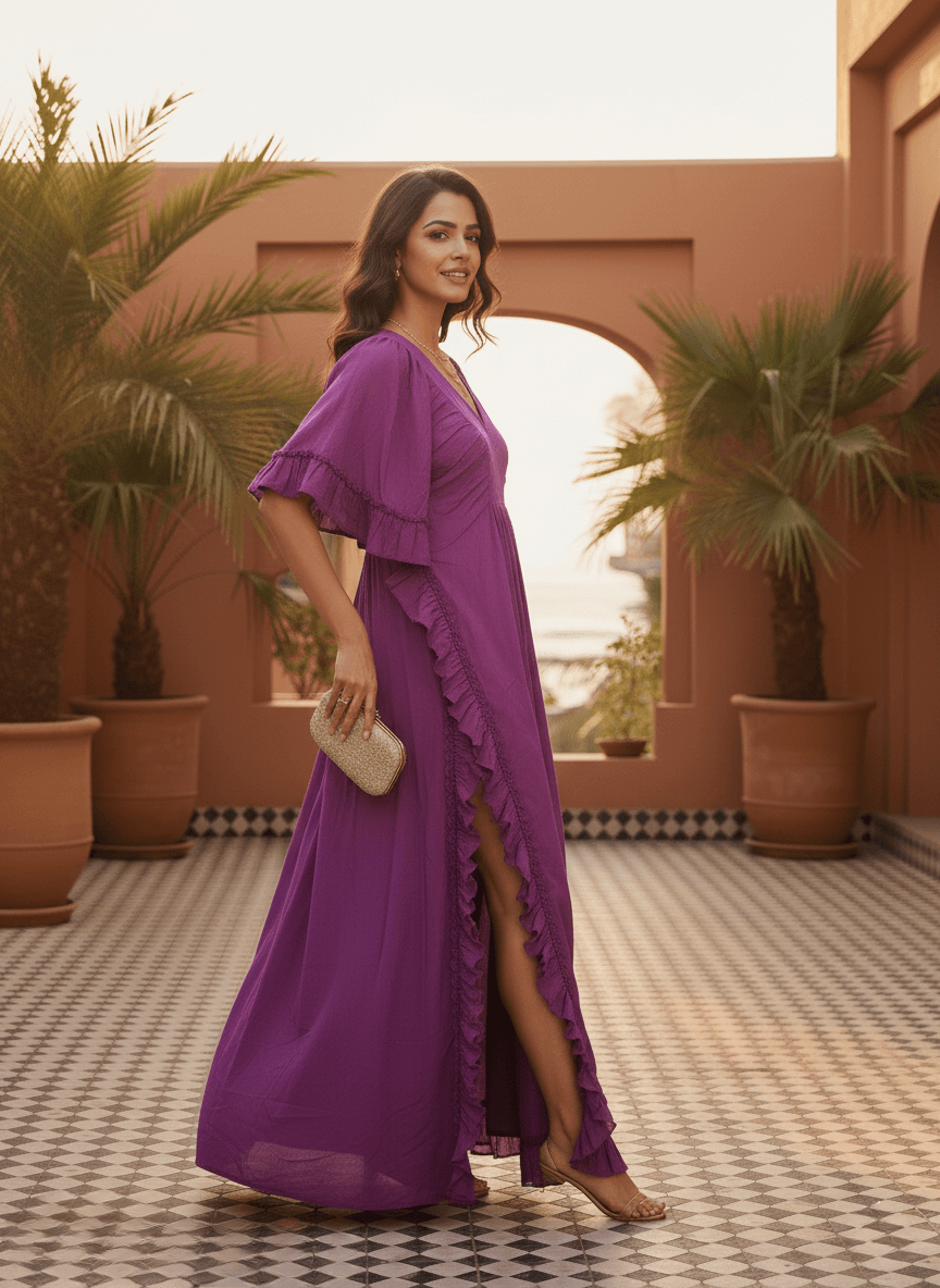 Side profile of a woman in a violet vacation dress showing vertical ruffle details and high slit effect.