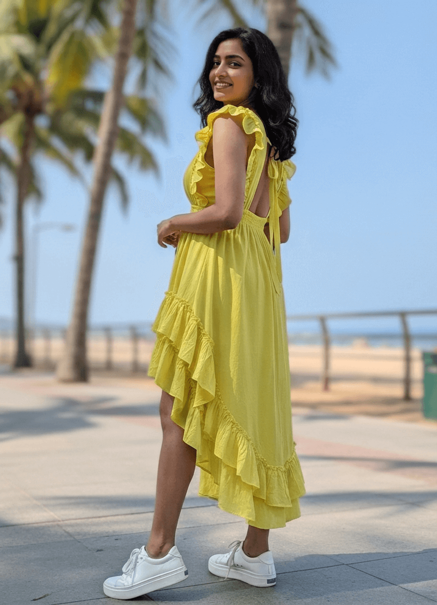 Woman in a yellow dress standing on a beach with palm trees in the background