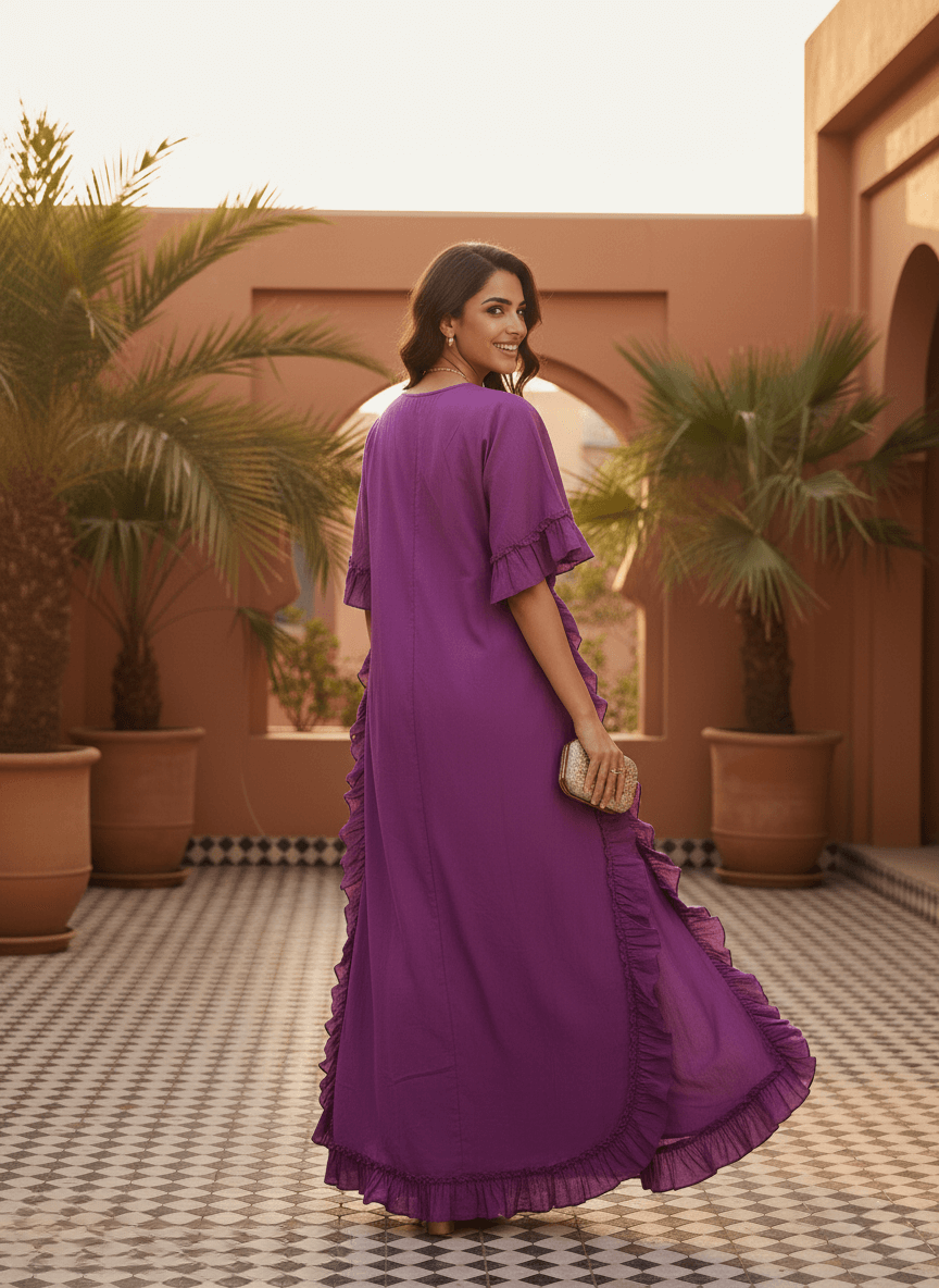 Back view of a flowy purple ruffle maxi dress perfect for resort wear.