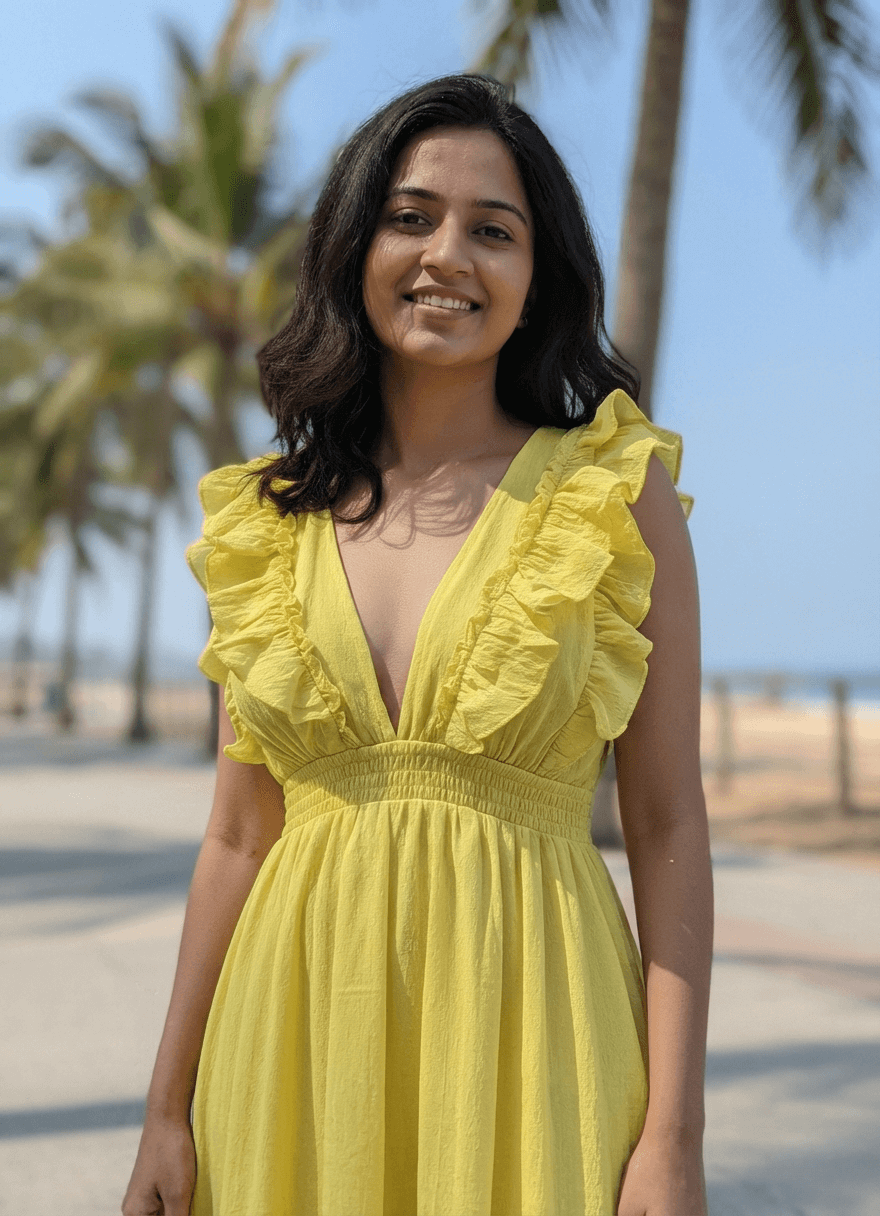 Woman in a yellow dress standing outdoors with palm trees in the background