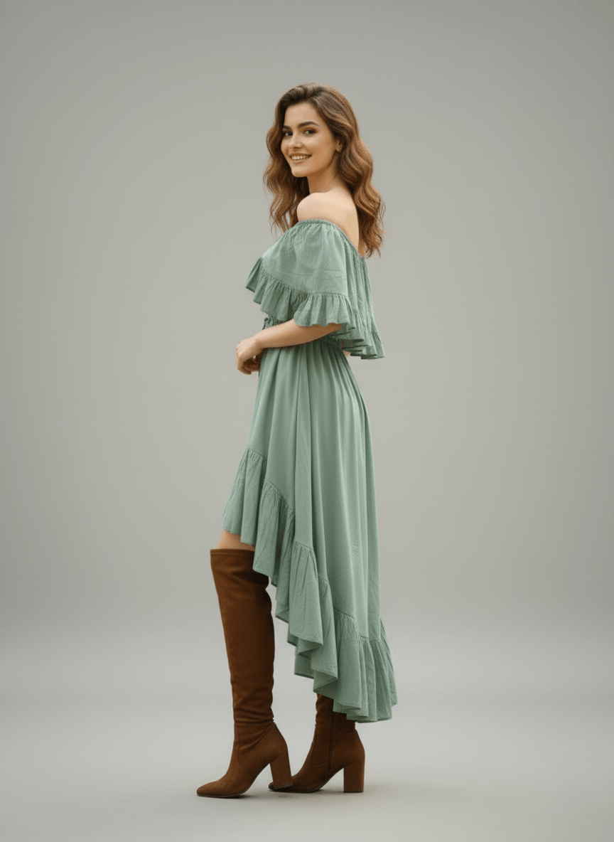 Side view of a woman in a flowy green high-low dress showing the asymmetric ruffled hem.