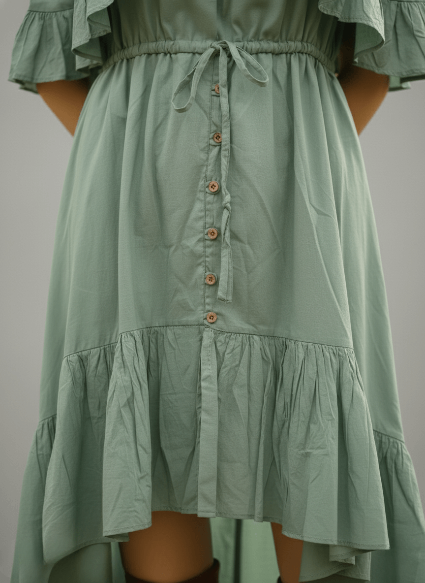 Close-up of sage green cotton dress showing button-down details and tie-waist.
