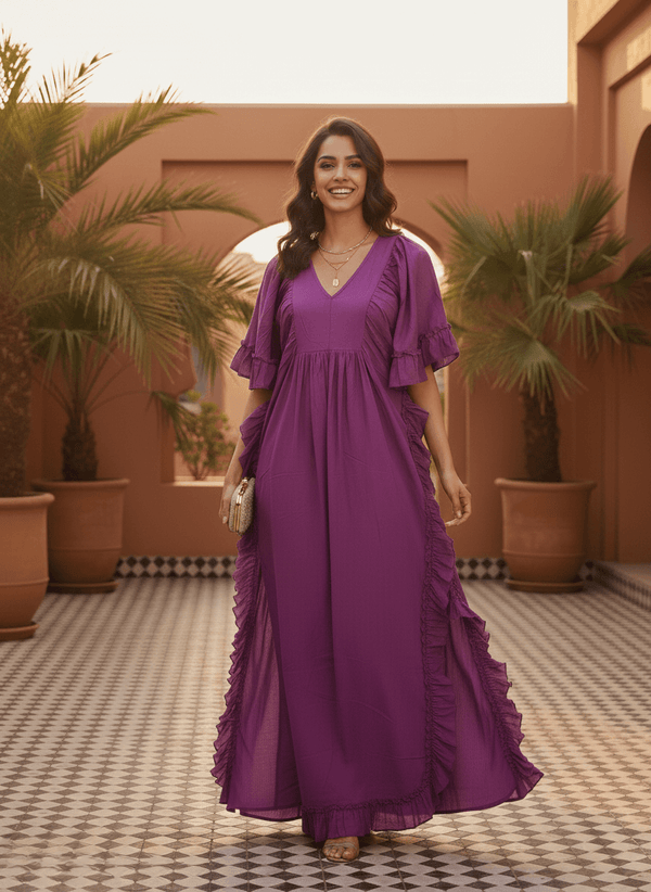 Smiling model wearing a floor-length purple cotton maxi dress with V-neck and ruffle sleeves.