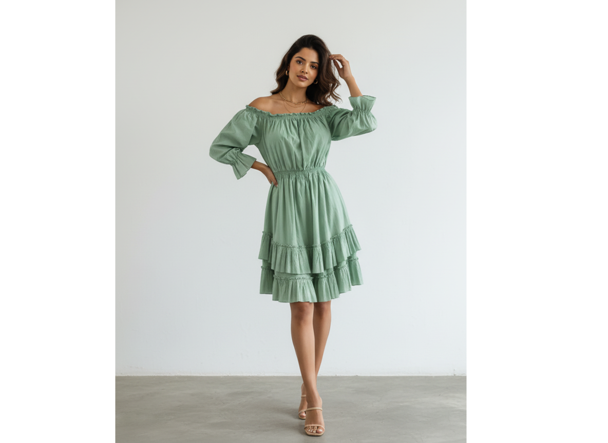 A woman stands confidently, hand in her hair, wearing a serene sage green pure cotton off-shoulder tiered mini dress against a plain white background.