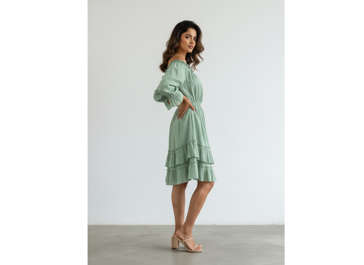 Side profile of a woman wearing a serene sage green pure cotton off-shoulder tiered mini dress, with one hand on her hip, looking to the side against a white background.