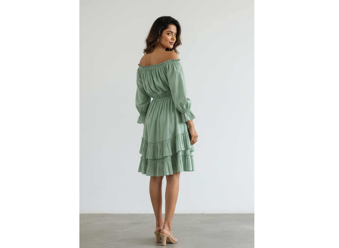 Back view of a woman wearing a serene sage green pure cotton off-shoulder tiered mini dress, looking over her shoulder, against a plain white background.