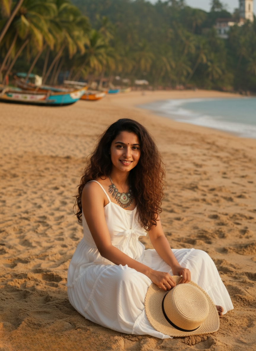 Close-up of model sitting on sand wearing a white sundress and a chunky oxidized statement necklace. Focus on the smocked/tie-up bodice detail, beach style, and modern ethnic jewelry.