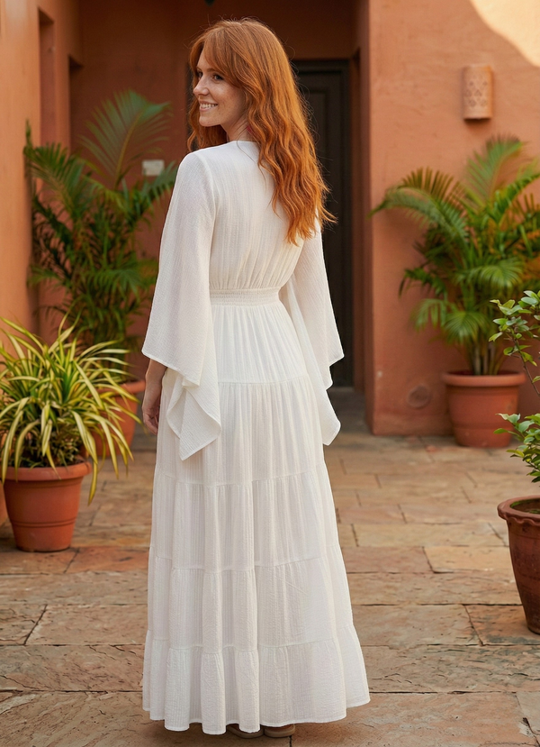 Ethereal White Pure Cotton Maxi Dress | Kimono Sleeve V-Neck Tiered Boho Gown