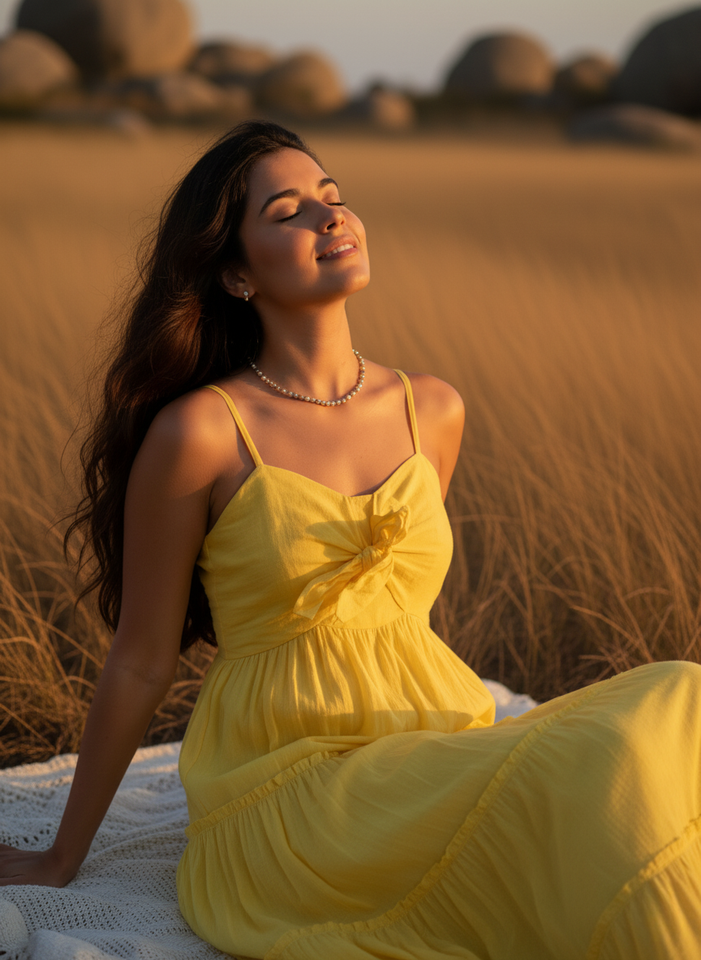 Close-up shot emphasizing the front bodice pattern and texture of the Yellow summer dress. Styled with a simple beaded neckpiece. Focus on fabric quality and tiered stitching.