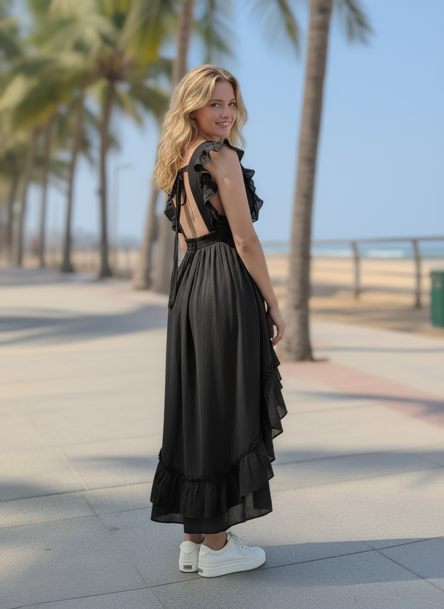 Back view of woman in midnight ruffle black high-low dress, showing back ties and flowing skirt