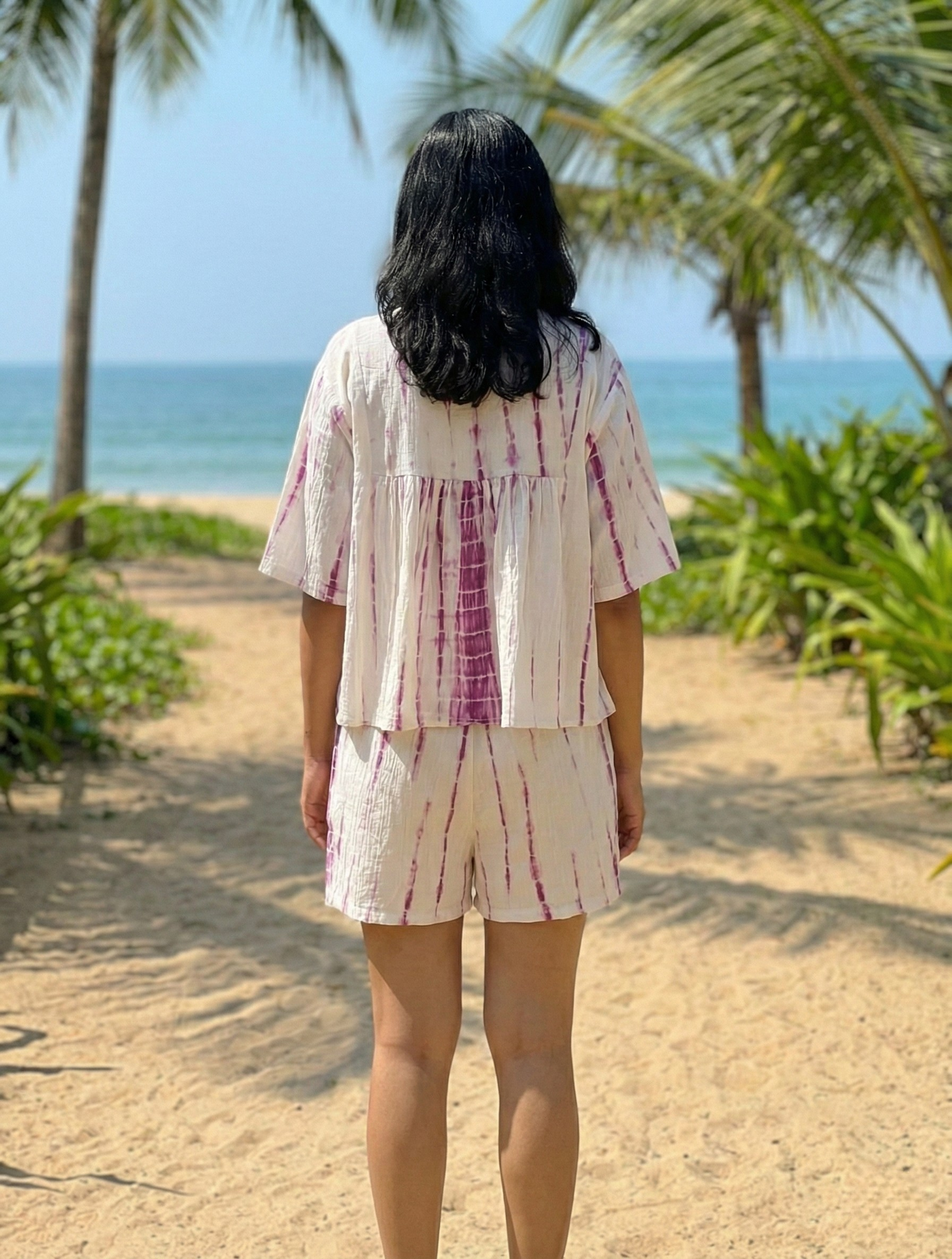 White & Purple Tie-Dye Cotton Co-ord Set | Boho V-Neck Top & Shorts Beachwear