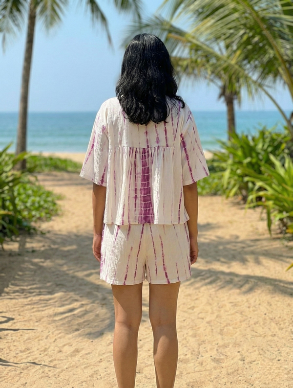White & Purple Tie-Dye Cotton Co-ord Set | Boho V-Neck Top & Shorts Beachwear