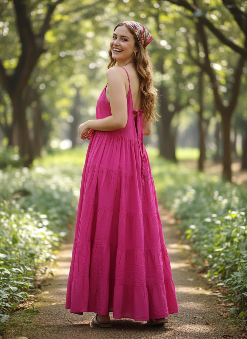 Woman in berry blossom magenta tiered maxi dress, side back view, smiling on pathway