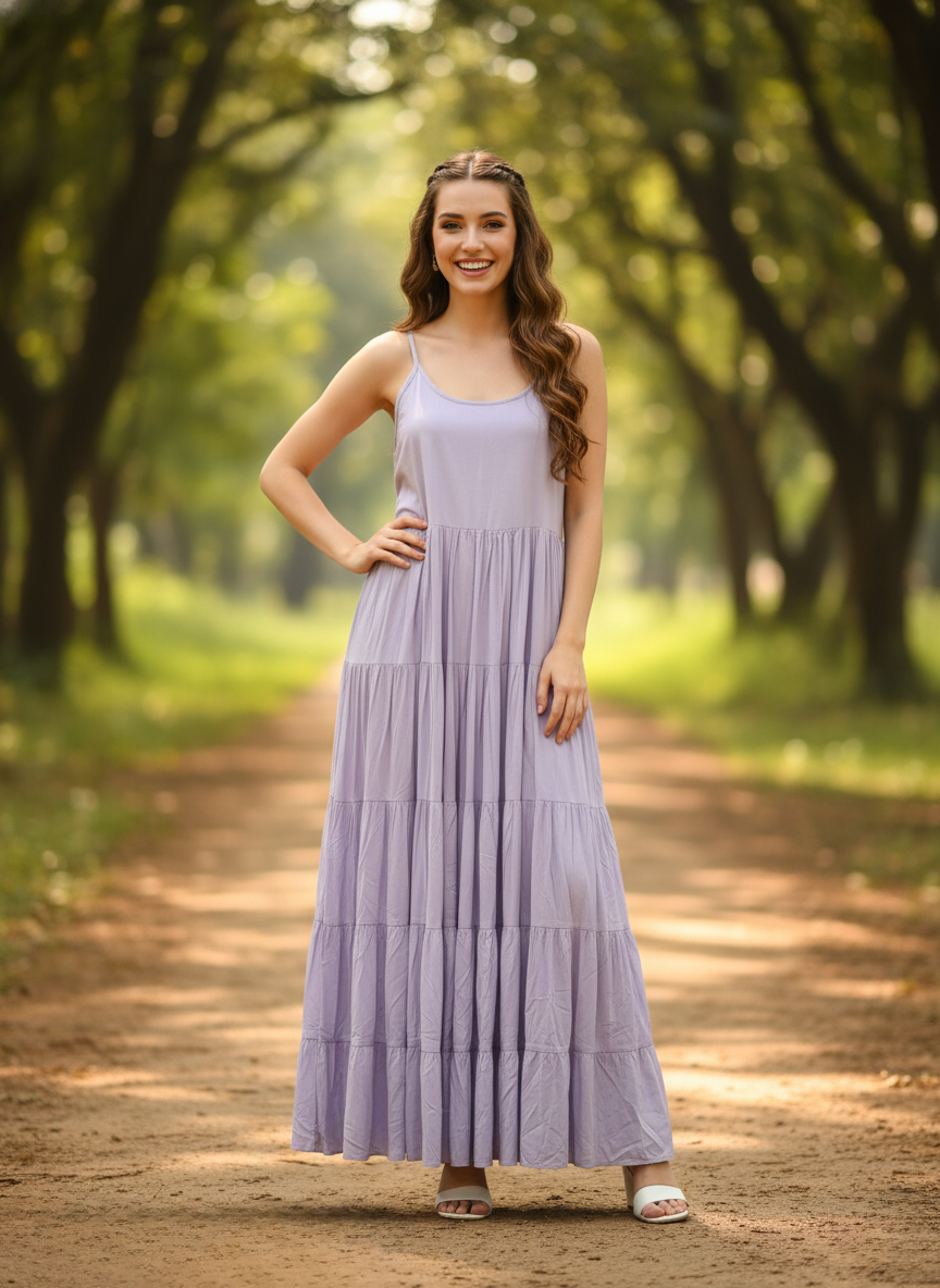 Front view of woman in whispering willow lavender tiered maxi dress, on pathway