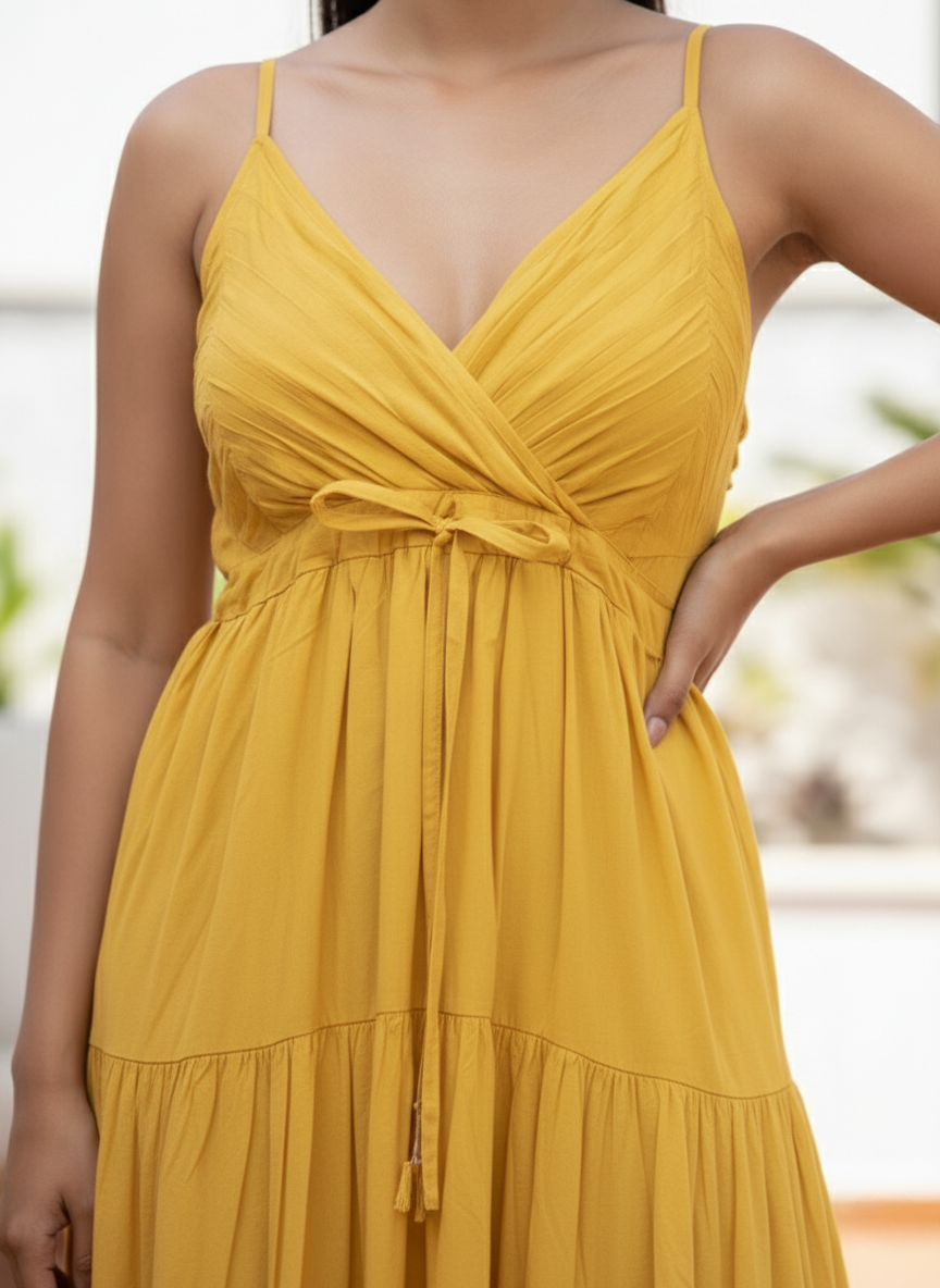 Woman in marigold yellow tiered maxi dress, closeup pose