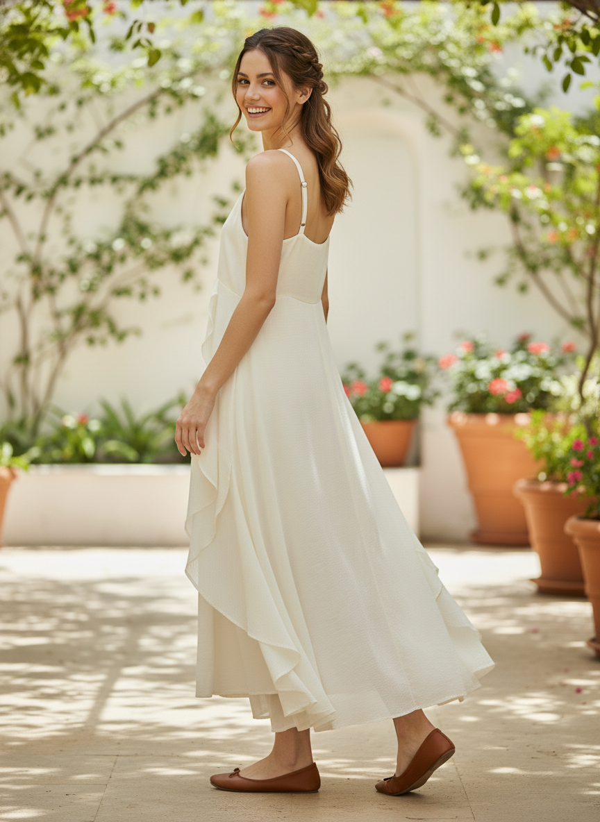 Full side view of ivory off-white pleated maxi cami dress