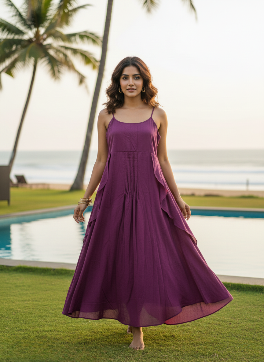 Model in Plum Purple Cami Maxi Dress by a pool. Highlights the central pin-tuck pleat detail on the bodice and the layered ruffle skirt