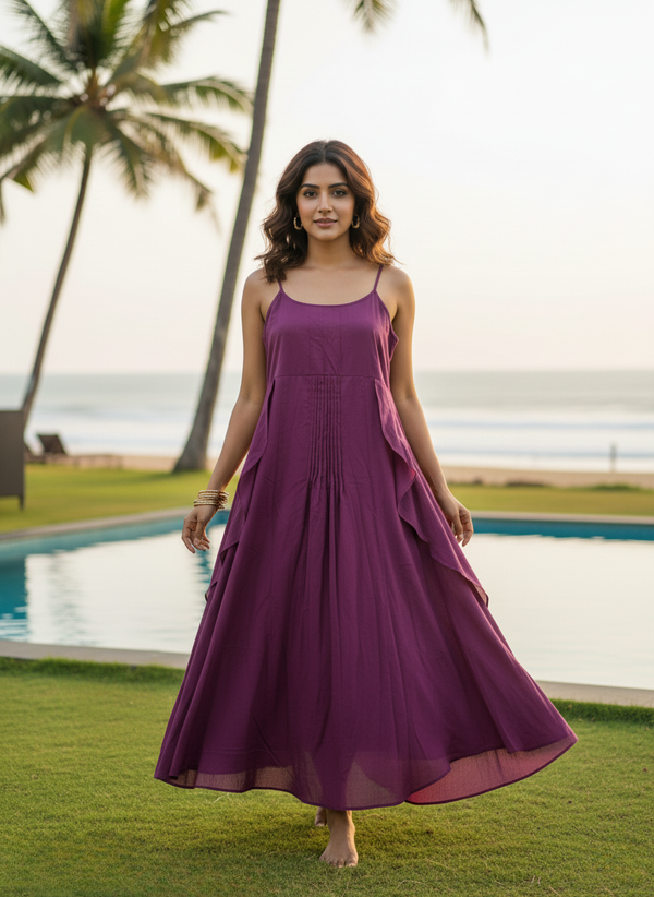 Model in Plum Purple Cami Maxi Dress by a pool. Highlights the central pin-tuck pleat detail on the bodice and the layered ruffle skirt