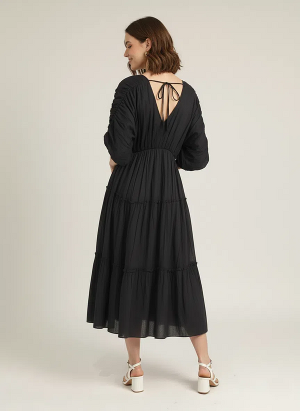 Back view of a woman wearing a classic black pure cotton tiered midi dress with ruched sleeves and a V-back tie detail, looking over her shoulder against a plain white background.