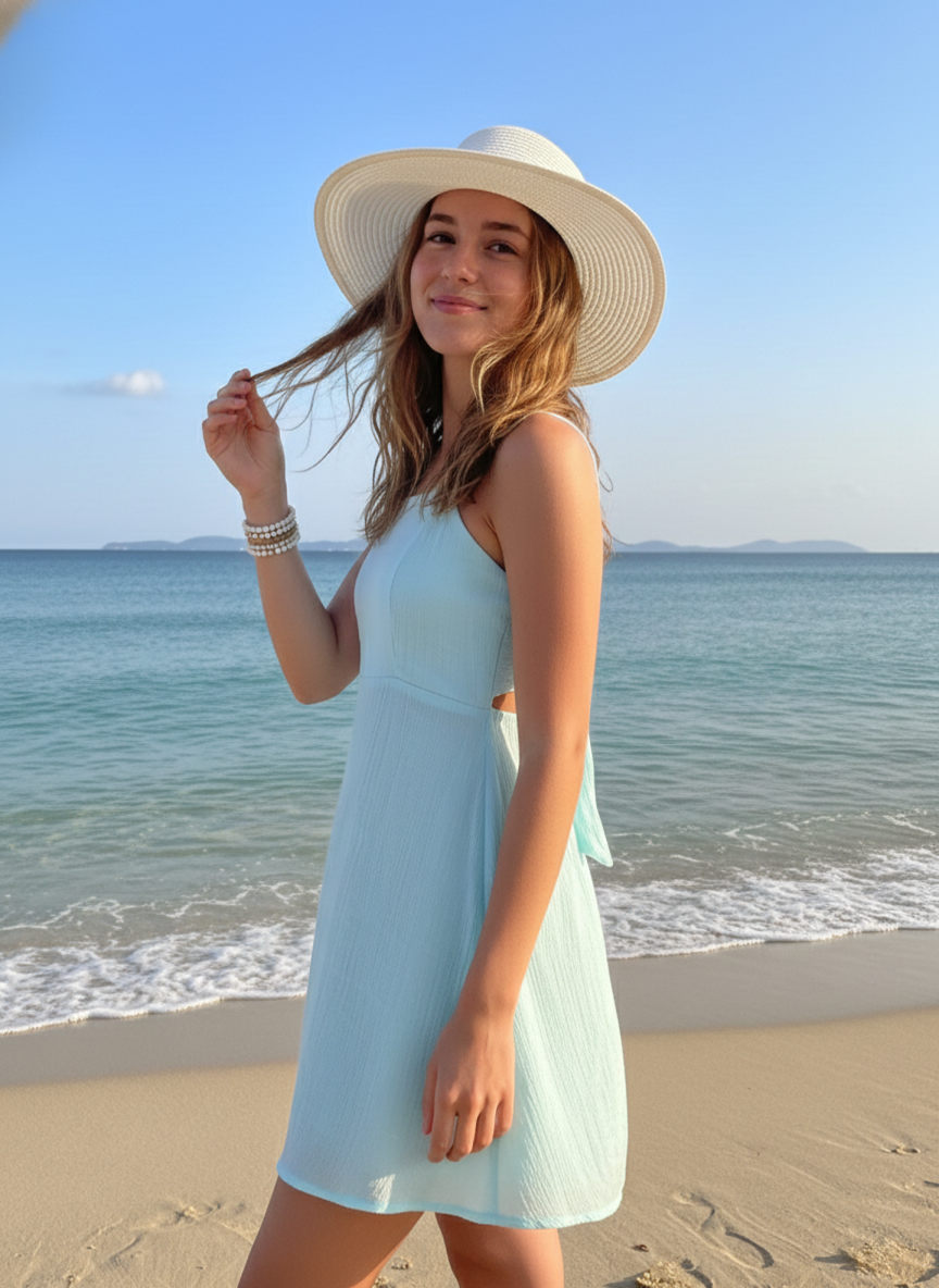 Sea Breeze Aqua Cotton Mini Dress for Women