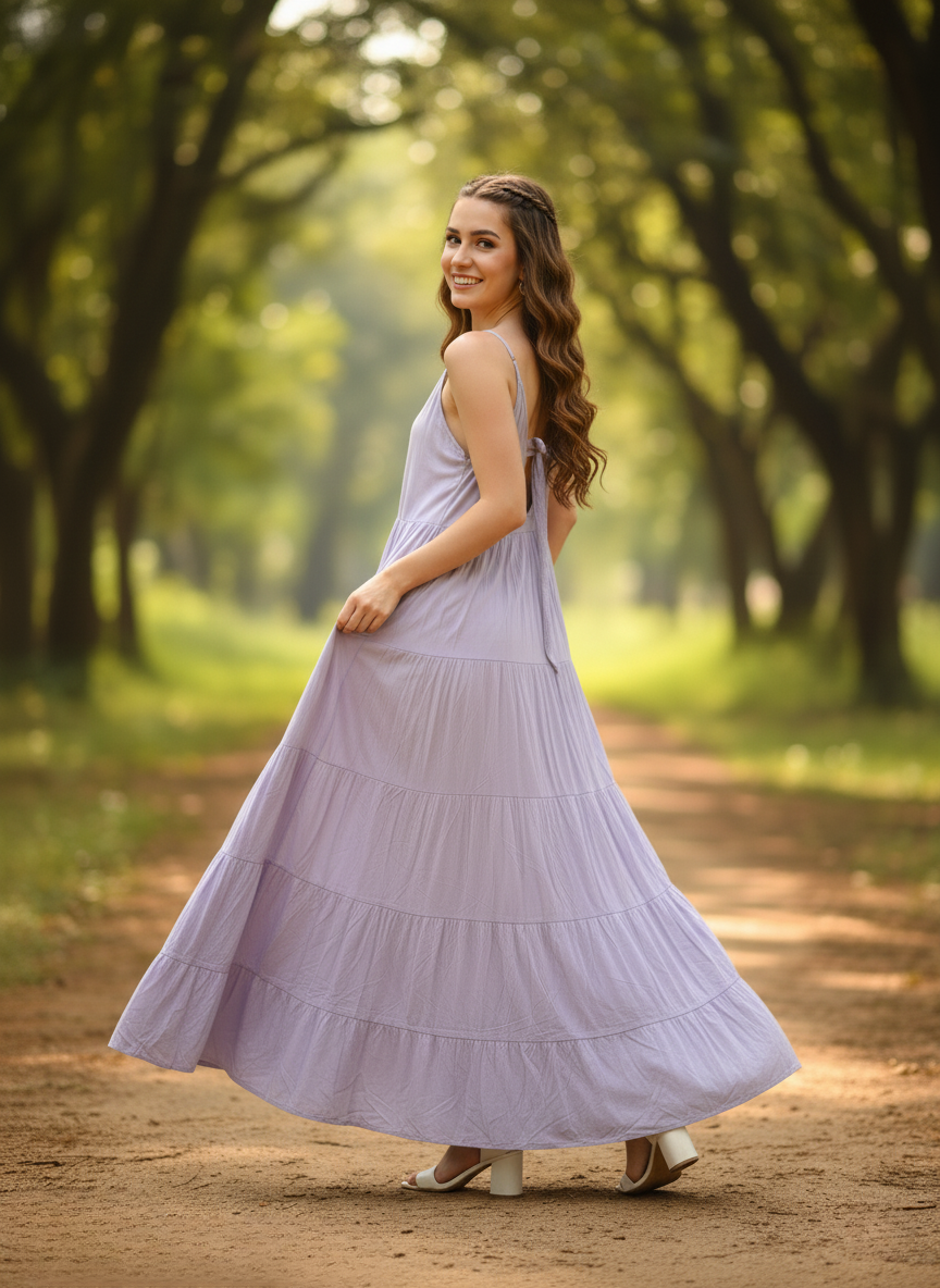 Woman in whispering willow lavender tiered maxi dress, twirling and smiling back, on pathway
