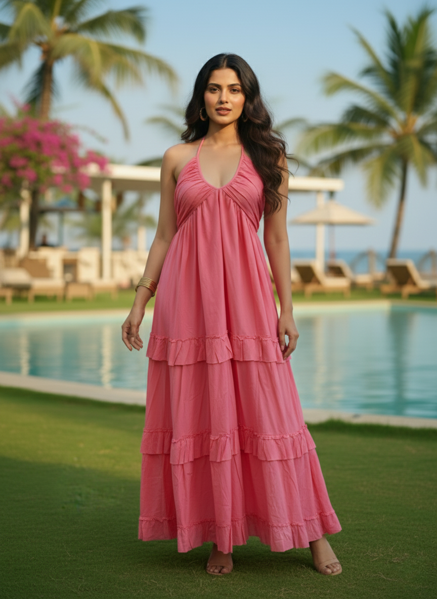 Pink Halter Maxi Dress front view. Features ruched V-neck bodice and tiered ruffled skirt. Perfect for beach and summer.