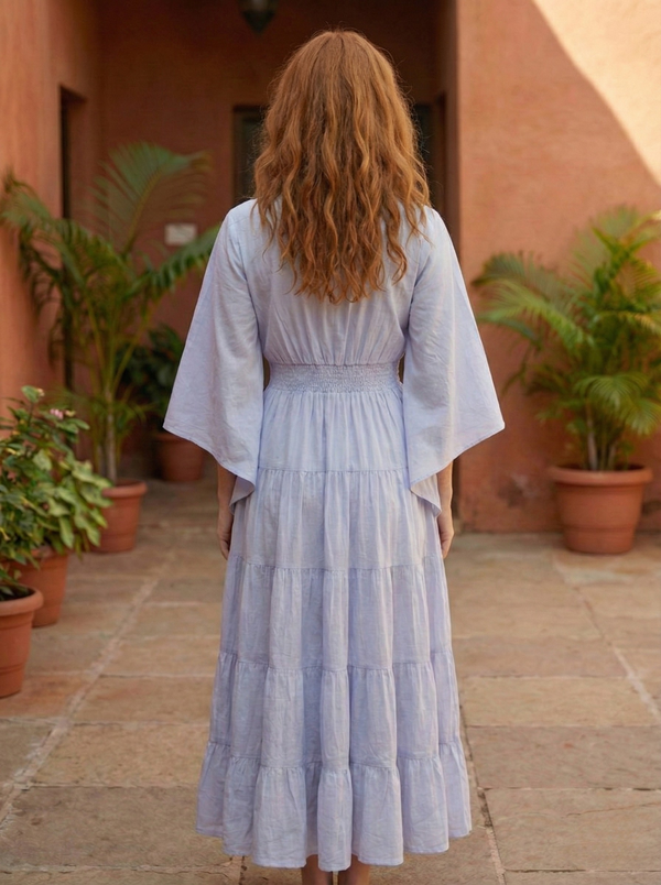 Periwinkle Blue Boho Maxi Dress | Kimono Sleeve V-Neck Tiered Resort Wear