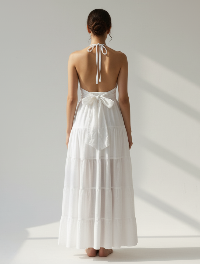 Back view of woman in cloud nine white halter tiered maxi dress, showing halter tie and waist bow