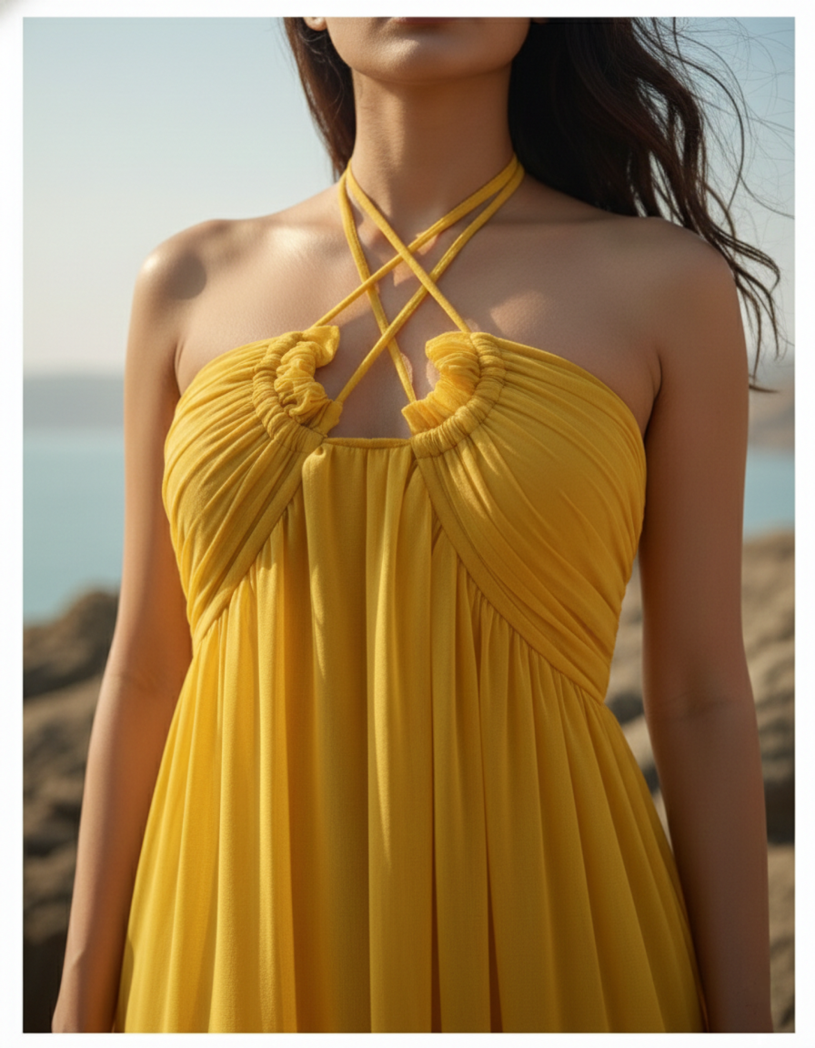 Woman wearing a yellow dress with a beach background