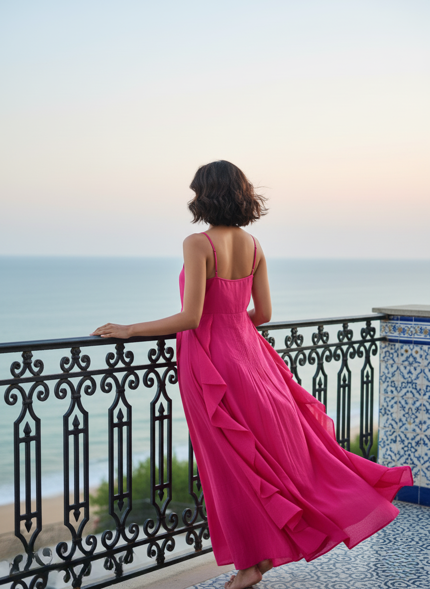 Model in hot pink camisole maxi dress from the back, overlooking the sea. Showcases the delicate spaghetti straps and the expansive, flowy tiered skirt with ruffled layers.
