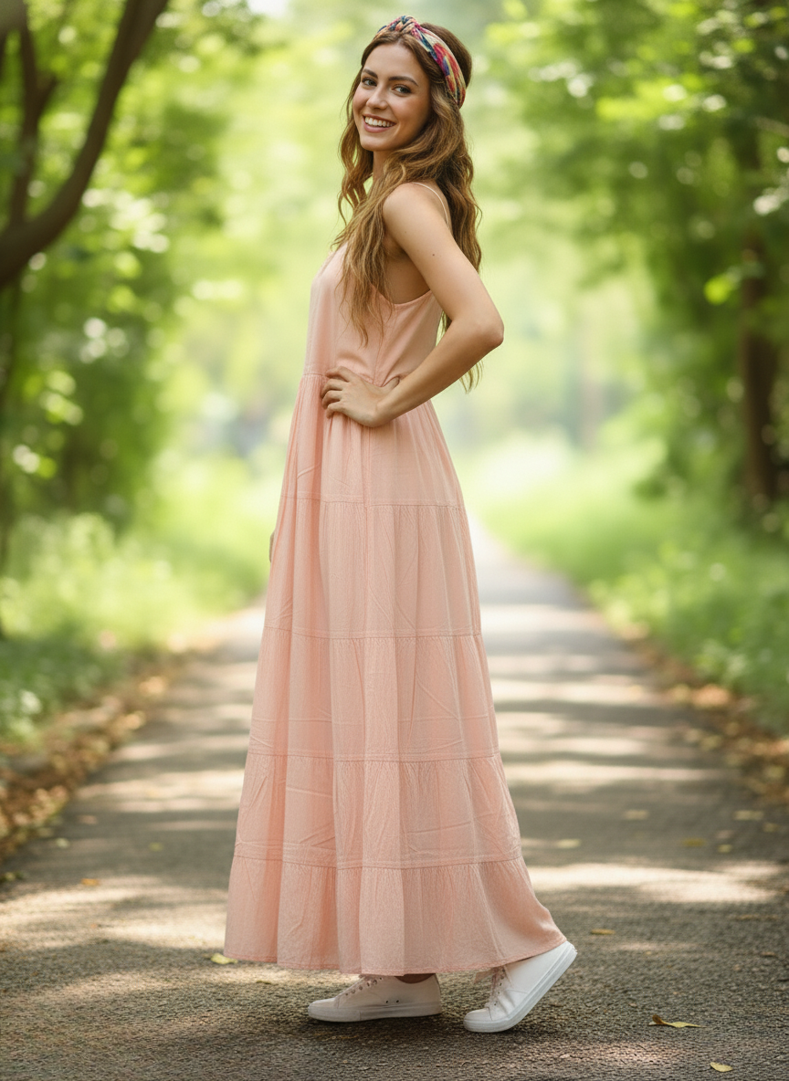Woman in desert bloom peach tiered maxi dress, side back view, smiling on pathway