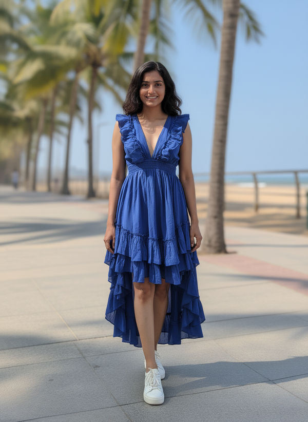 Woman in ocean azure dark blue high-low dress, full front view on boardwalk