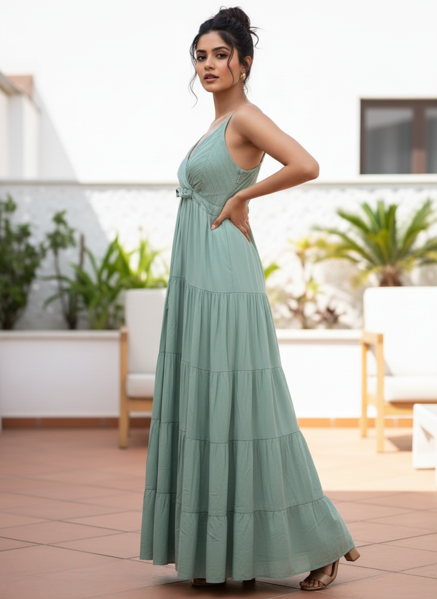 Woman in sage green tiered maxi dress, side profile showing flowing skirt and hand on hip