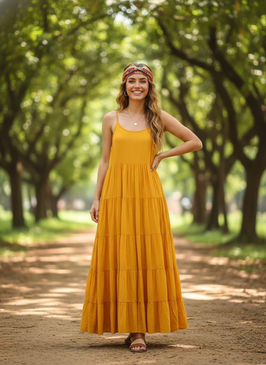 Woman in golden hour yellow tiered maxi dress, full front view, smiling on pathway
