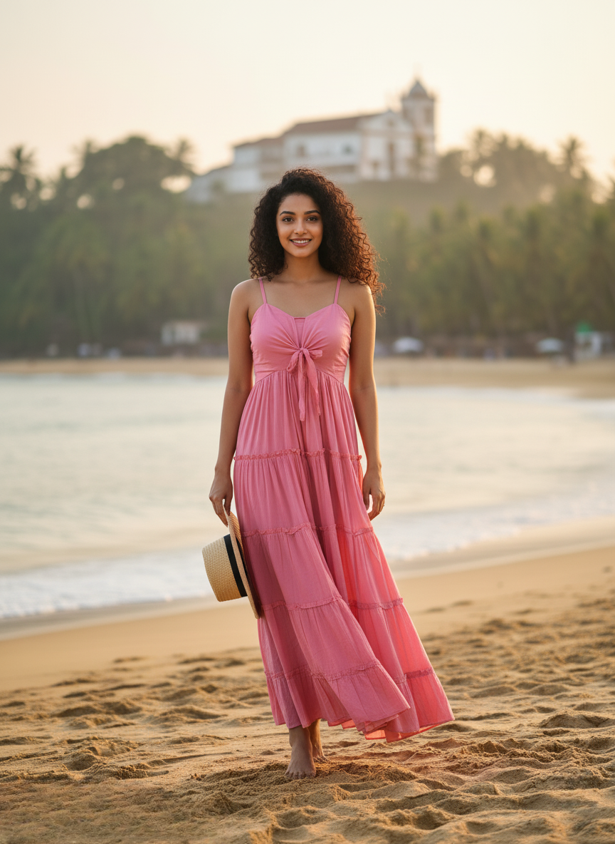 Baby Pink cotton tiered maxi dress with wide shoulder straps, perfect for summer resort wear. Model stands on a Goa beach at sunset, showcasing the flowy fit.