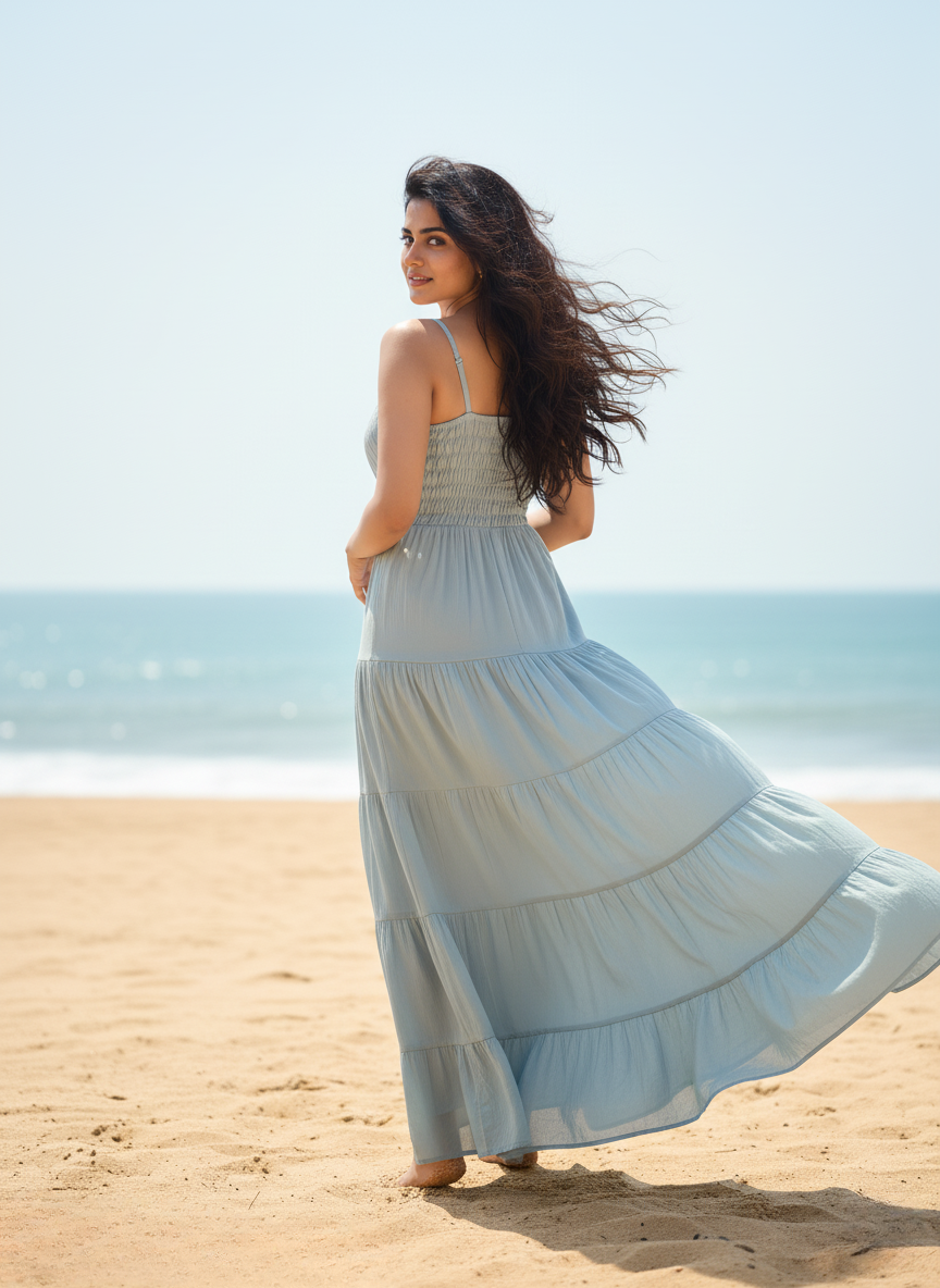 Back view of woman in serene light blue tiered maxi dress on beach, showing smocked back and flowing skirt