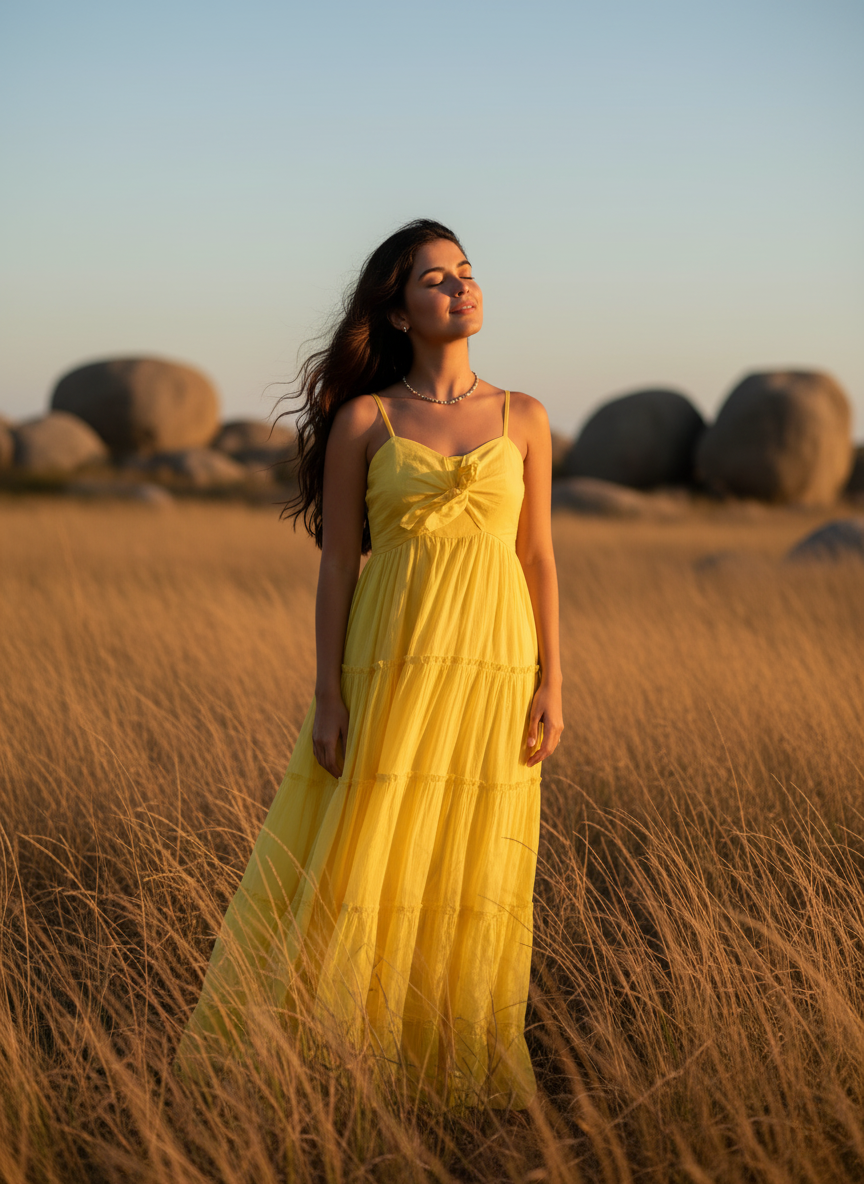 Vibrant Yellow cotton tiered maxi dress for perfect summer look. Model enjoying sun, with hair gently brushing cheek. Styled with a simple beaded necklace against a backdrop of dry grass and rocks.